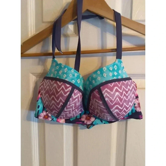 Shade & Shore Other - Shade & Shore Swim Bikini Top Halter Blue Pink Floral Sz 34C